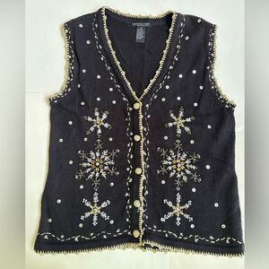 Ladies Reference Point Embroidered Black  Embroidered Holiday Cardigan Vest Med